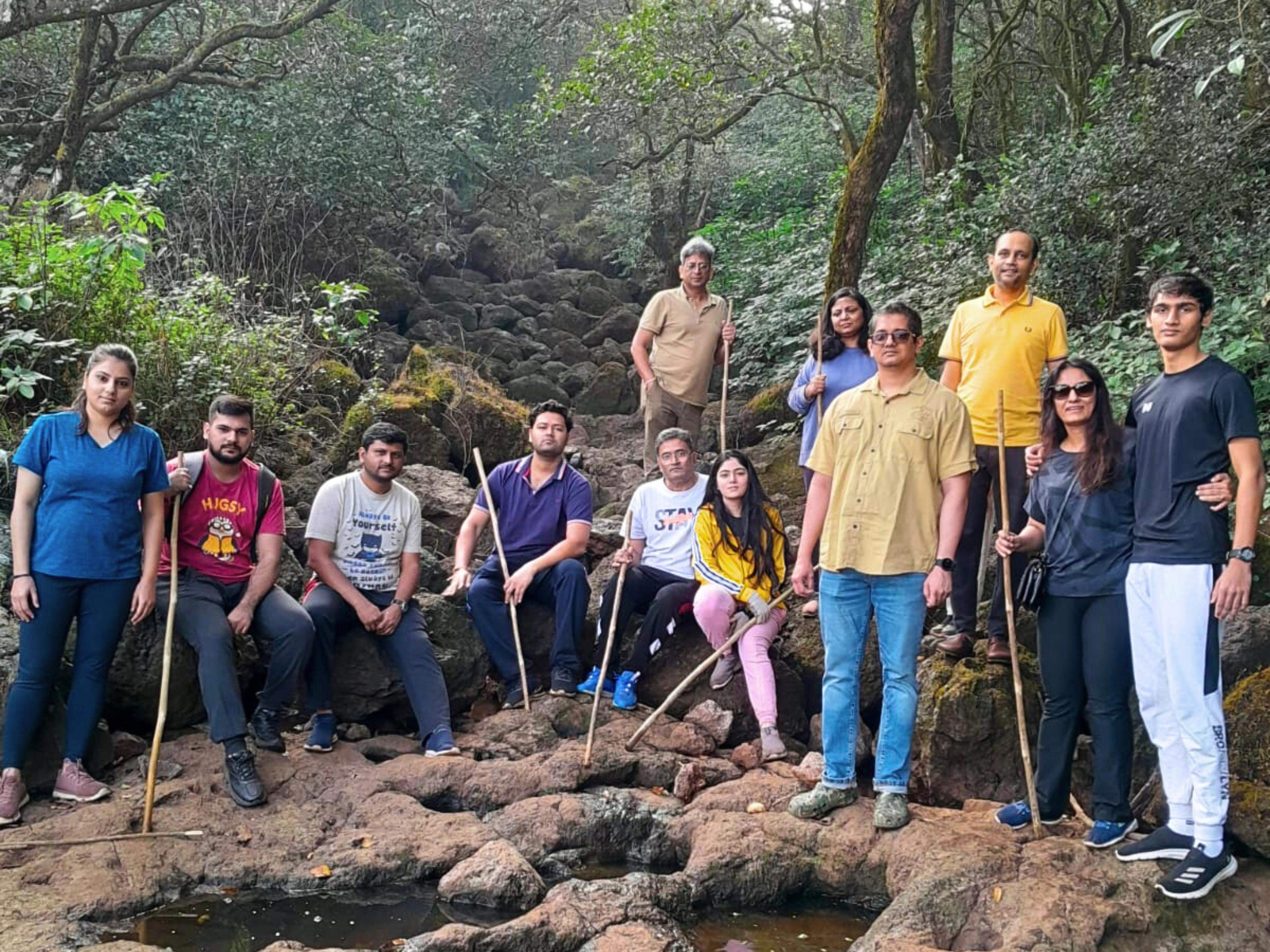 Group of trekkers enjoying a daily jungle trek at Ramsukh Resort.